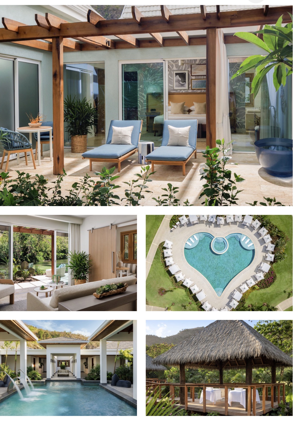 Villa terraces, resort pools and tropical gardens