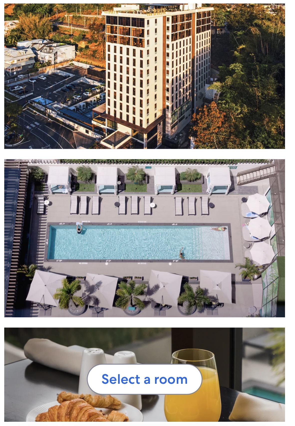 Resort building, pool and breakfast views