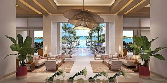 Open resort lobby overlooking the sea