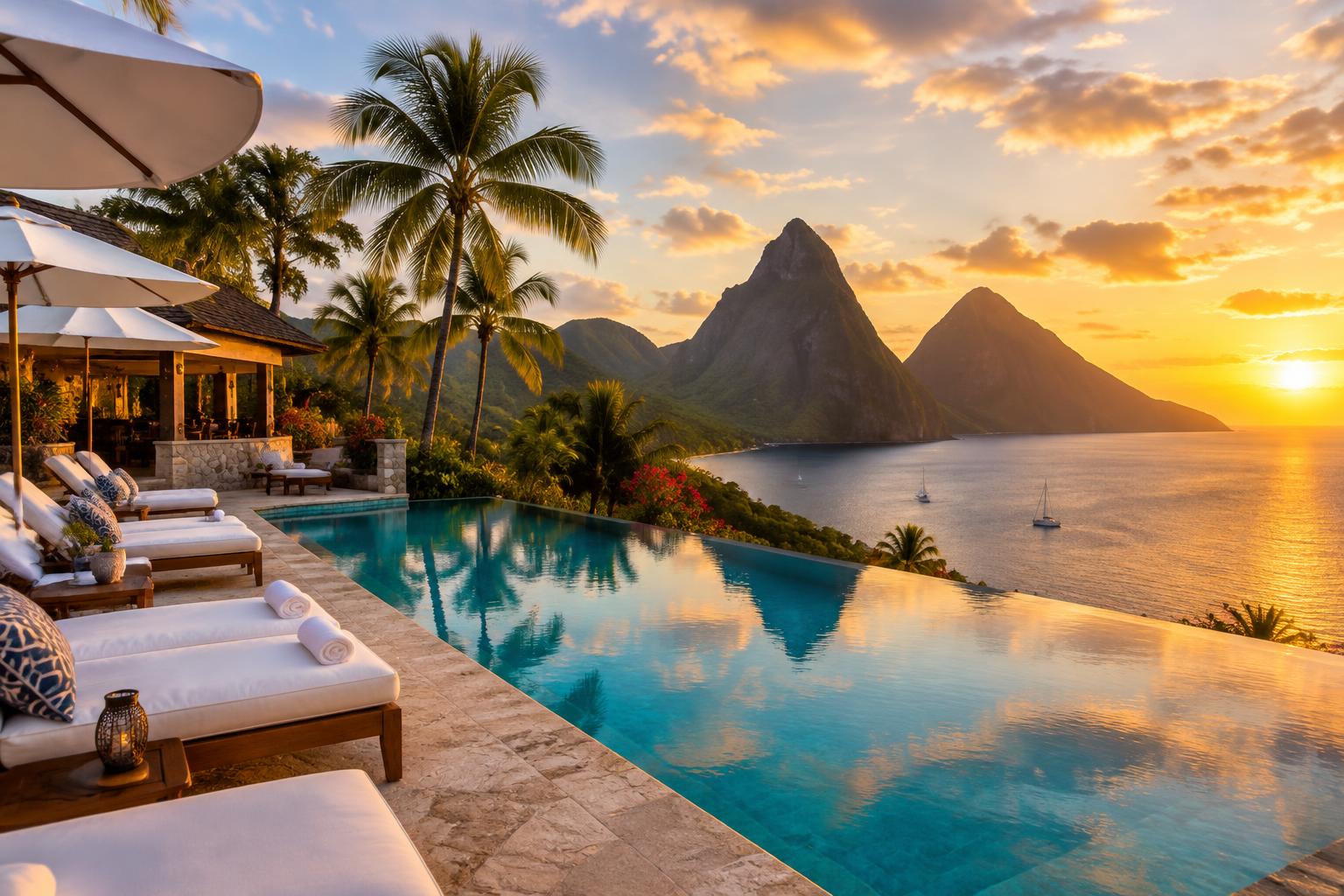 Luxury St. Lucia resort infinity pool overlooking the Pitons at sunset